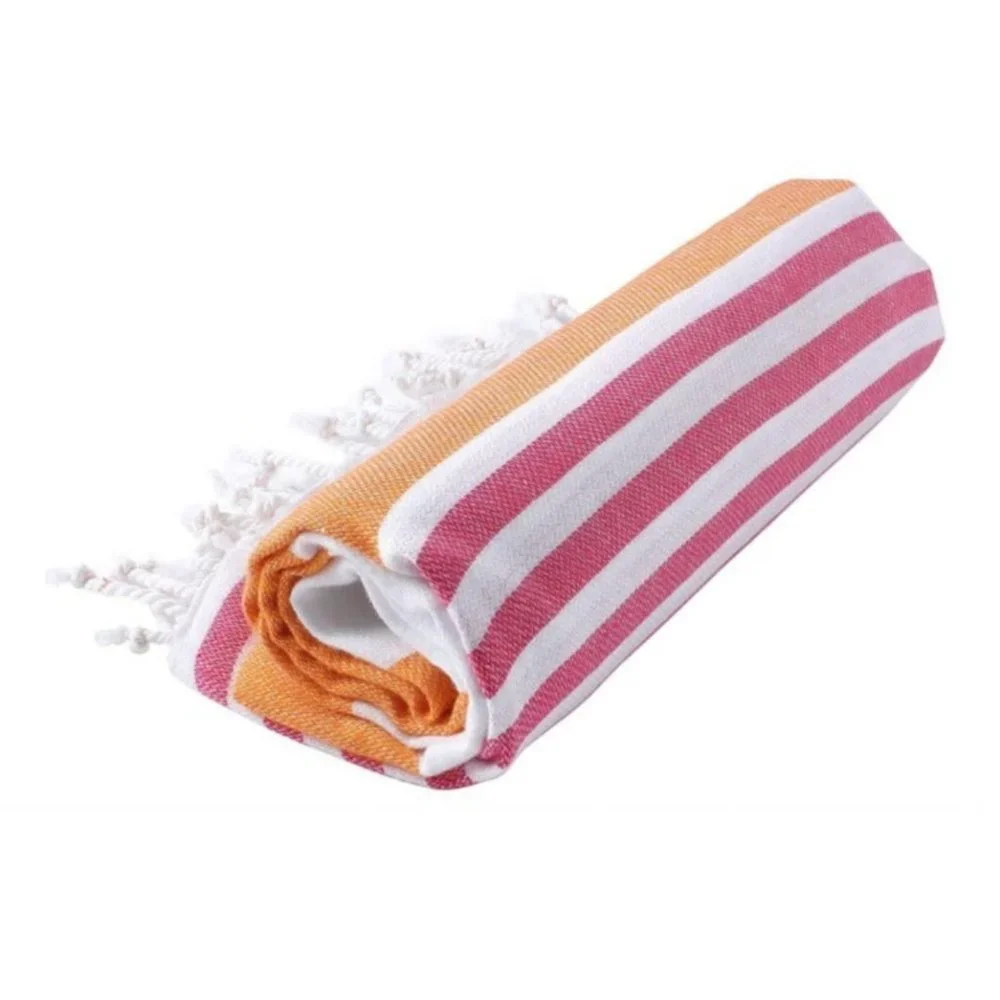 4 Orange Pink Striped Beach Bath Towels - 100% Turkish Cotton